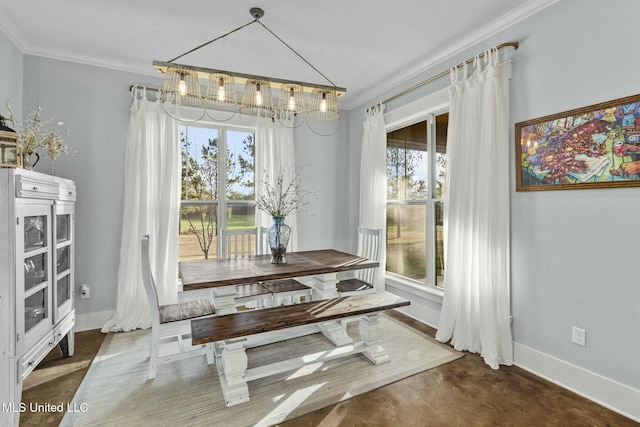 dining space with dark carpet, a notable chandelier, crown molding, and plenty of natural light