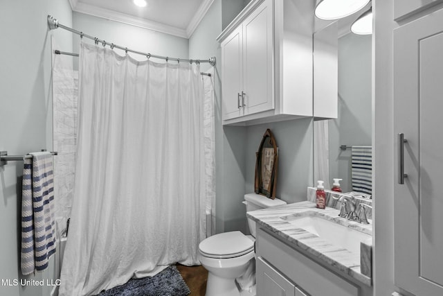 full bathroom with ornamental molding, shower / bath combo, vanity, and toilet