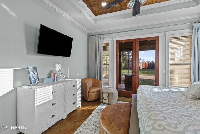 bedroom featuring ornamental molding, access to exterior, a raised ceiling, wooden ceiling, and french doors