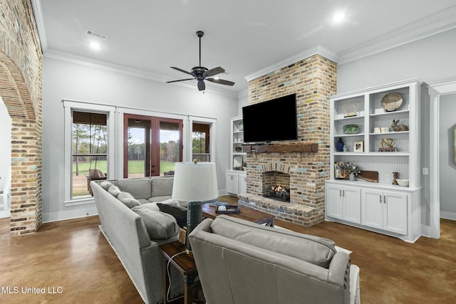 living room featuring crown molding, ceiling fan, a fireplace, and french doors