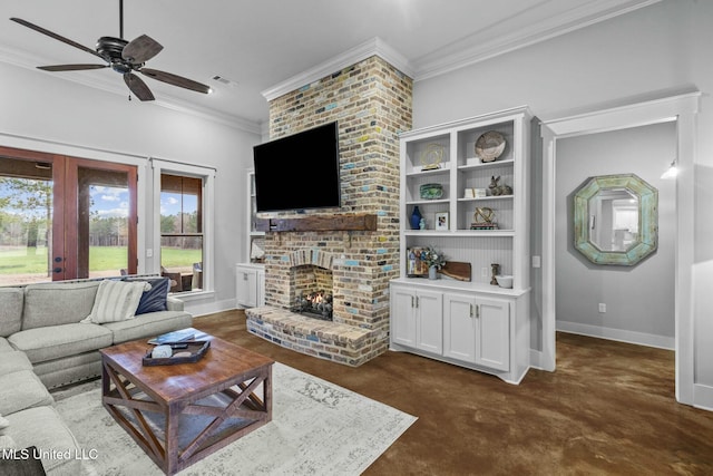 living room featuring crown molding, ceiling fan, and a fireplace