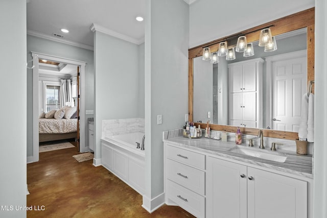 bathroom with vanity, a tub to relax in, crown molding, and concrete floors