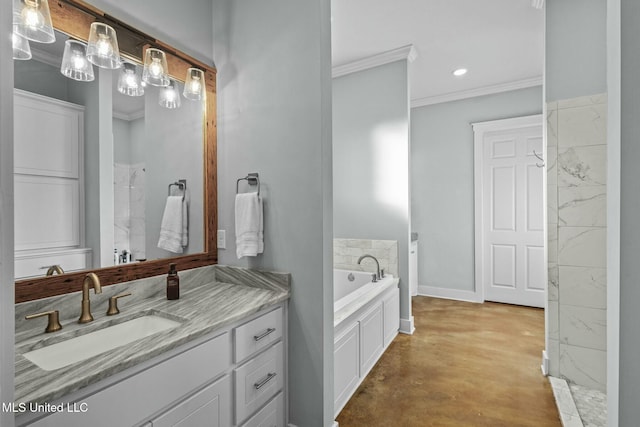 bathroom featuring a washtub, vanity, ornamental molding, and concrete floors