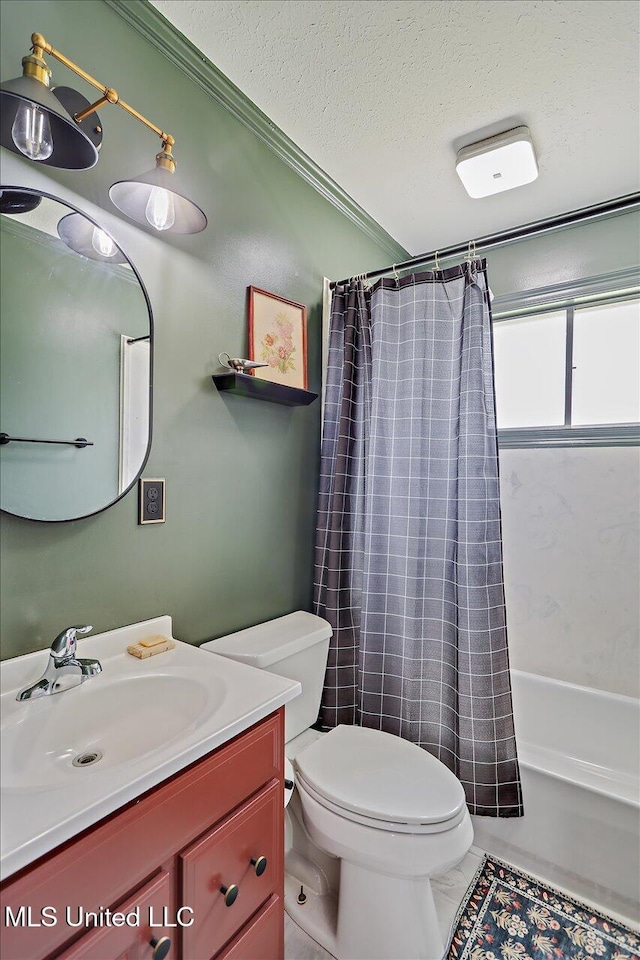 12661 Springridge Rd, Terry, MS 39170 - full bath featuring vanity, toilet, a textured ceiling, shower / tub combo, and crown molding