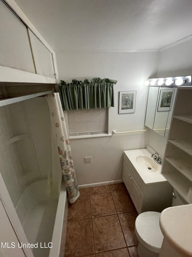 full bathroom with vanity, tile patterned floors, toilet, ornamental molding, and shower / bathtub combination with curtain