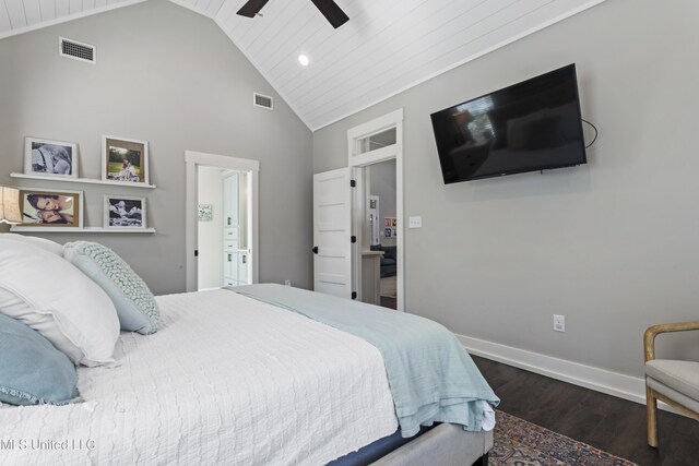 bedroom with dark wood-style flooring, baseboards, ceiling fan, and visible vents
