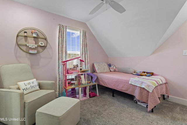 bedroom with baseboards, vaulted ceiling, ceiling fan, and carpet flooring