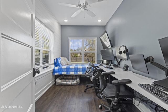 office area featuring hardwood / wood-style floors, recessed lighting, and a ceiling fan