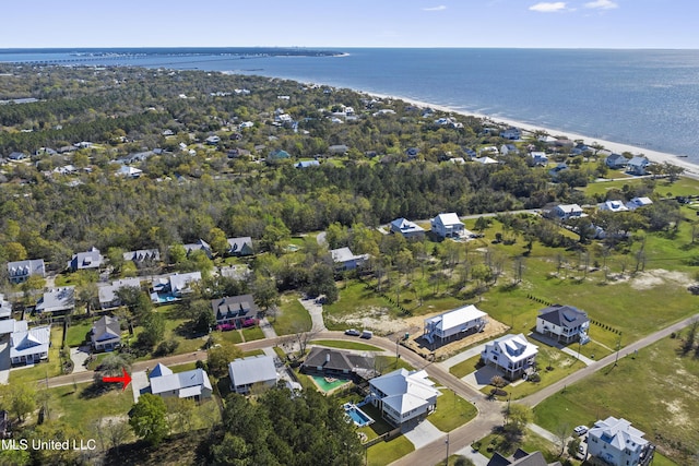 aerial view featuring a residential view and a water view