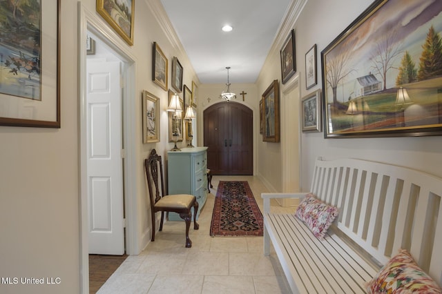 215 Azalea Ct, Brandon, MS 39047 - hallway with baseboards, crown molding, recessed lighting, and light tile patterned floors