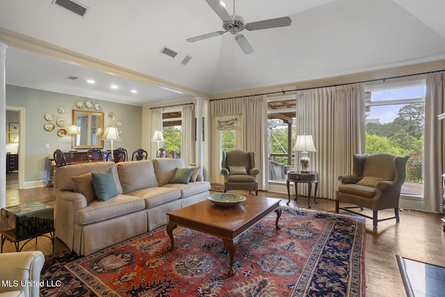 215 Azalea Ct, Brandon, MS 39047 - living area with ornate columns, ceiling fan, wood finished floors, recessed lighting, and high vaulted ceiling