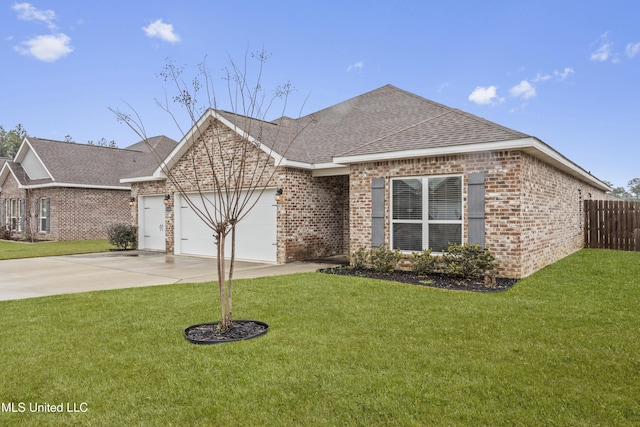 ranch-style house featuring an attached garage, a front lawn, and brick siding