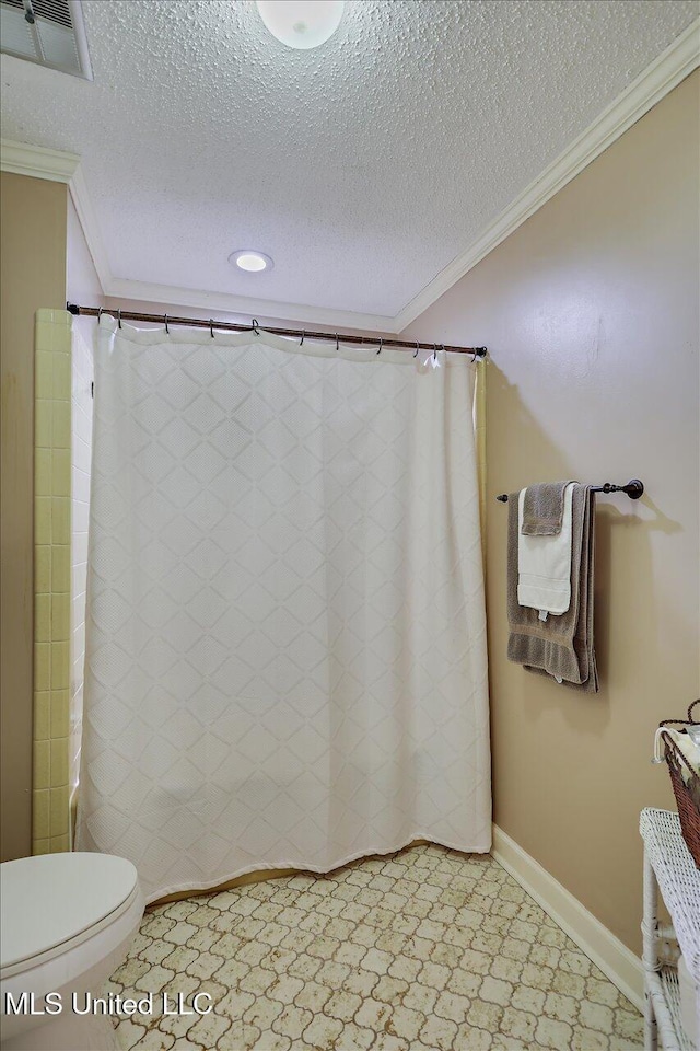 bathroom with crown molding, walk in shower, a textured ceiling, and toilet