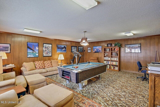 rec room featuring carpet floors, pool table, and a textured ceiling