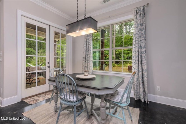 dining space featuring crown molding, baseboards, visible vents, and french doors