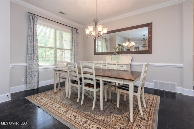 dining space featuring an inviting chandelier, a wealth of natural light, and visible vents