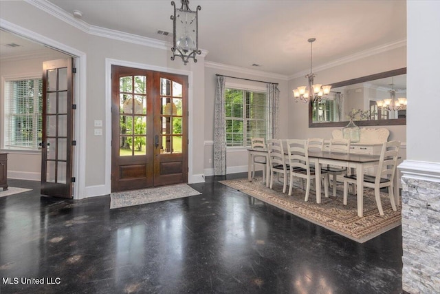 dining room with french doors, visible vents, baseboards, a notable chandelier, and ornamental molding