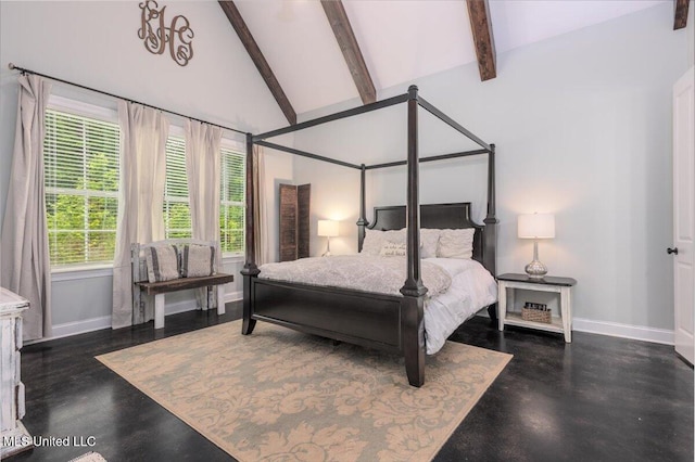 bedroom with baseboards, high vaulted ceiling, and beamed ceiling