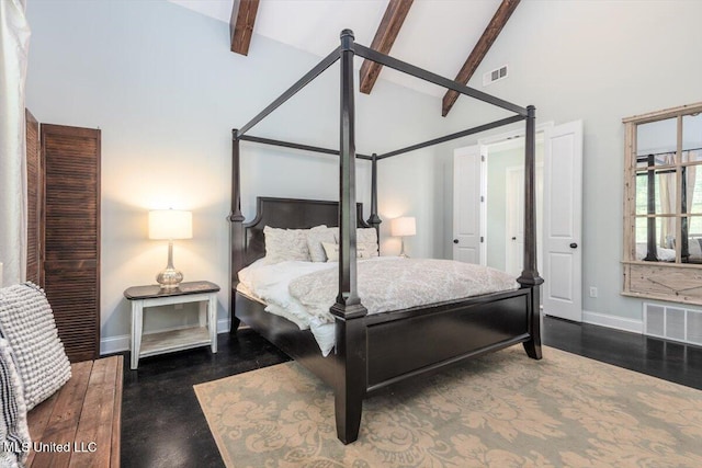 bedroom with high vaulted ceiling, baseboards, beamed ceiling, and visible vents