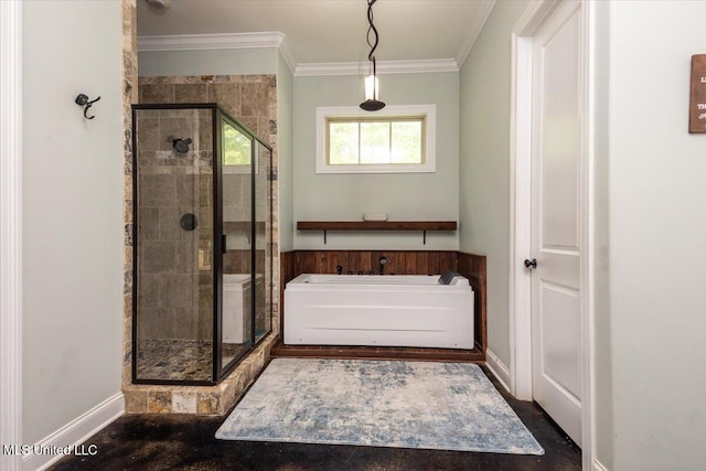 full bathroom with baseboards, ornamental molding, a shower stall, and a garden tub