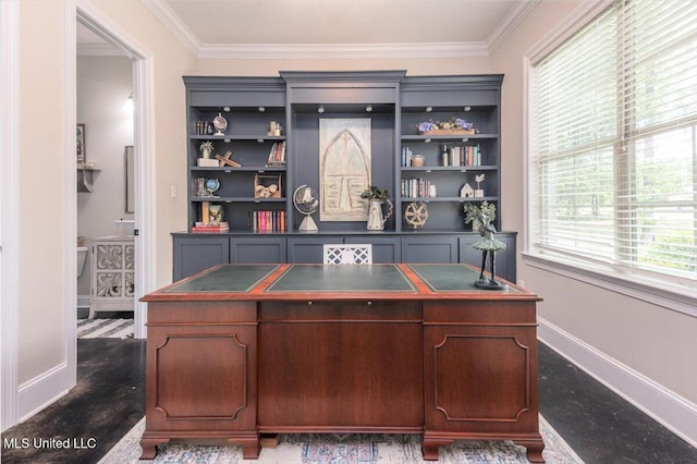 office space with baseboards and crown molding