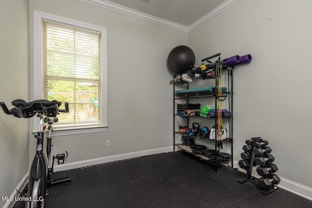 exercise area with baseboards, ornamental molding, and a wealth of natural light