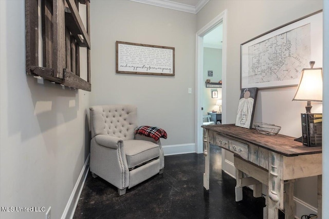 living area featuring baseboards and ornamental molding