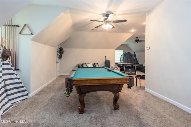 playroom featuring baseboards, carpet, ceiling fan, and pool table