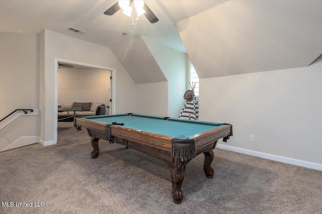 recreation room with visible vents, ceiling fan, pool table, and carpet floors