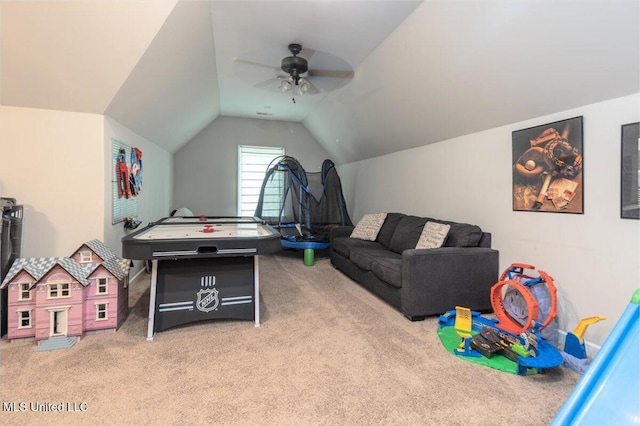 rec room featuring ceiling fan, carpet, and vaulted ceiling