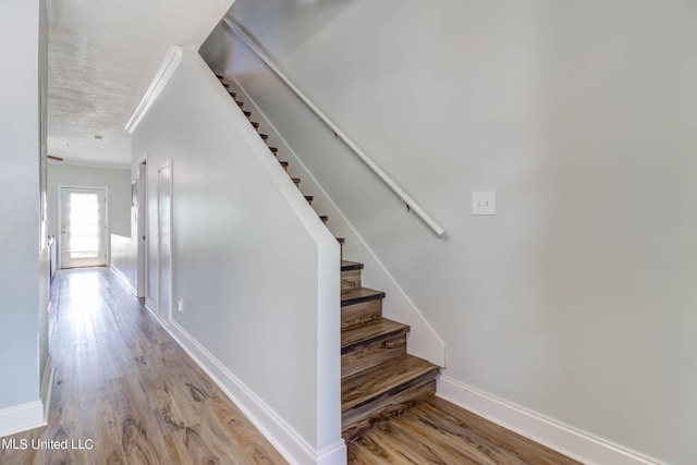 stairs featuring wood-type flooring