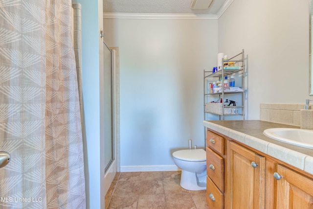 bathroom with a textured ceiling, toilet, walk in shower, vanity, and crown molding