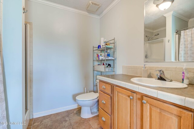 full bathroom featuring toilet, shower / bath combination with curtain, ornamental molding, vanity, and a textured ceiling