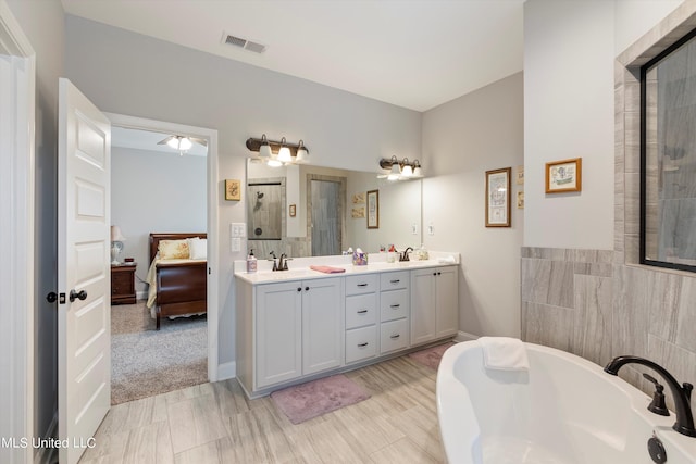 bathroom with vanity and independent shower and bath