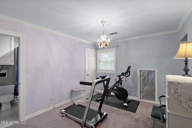 workout room with ornamental molding, carpet, and an inviting chandelier