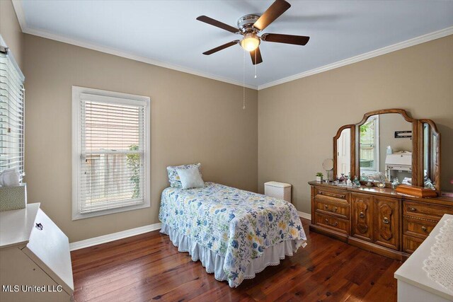 bedroom with ceiling fan, ornamental molding, and dark hardwood / wood-style flooring