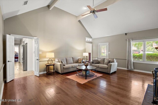 living room featuring beamed ceiling, high vaulted ceiling, dark wood-type flooring, and ceiling fan