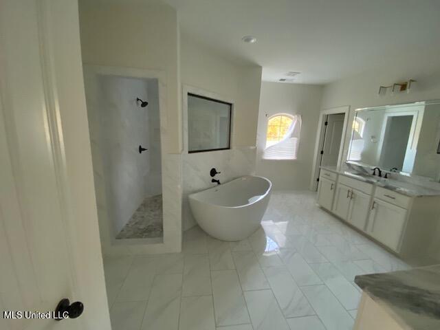 bathroom featuring vanity and separate shower and tub