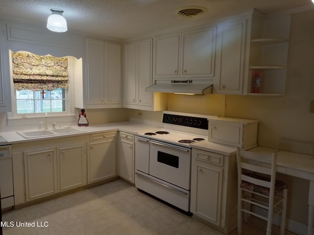 207 W Percy St, Indianola, MS 38751 - kitchen with electric range, under cabinet range hood, a sink, light countertops, and light flooring
