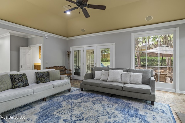 435 Glenway Dr, Jackson, MS 39216 - living room featuring crown molding, ceiling fan, visible vents, and french doors