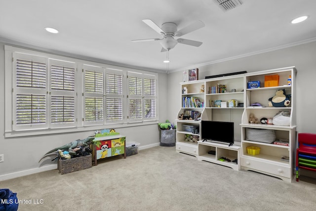 435 Glenway Dr, Jackson, MS 39216 - recreation room with crown molding, ceiling fan, carpet floors, baseboards, and visible vents