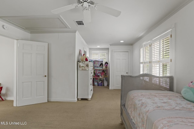 435 Glenway Dr, Jackson, MS 39216 - bedroom featuring visible vents, ornamental molding, attic access, light colored carpet, and recessed lighting