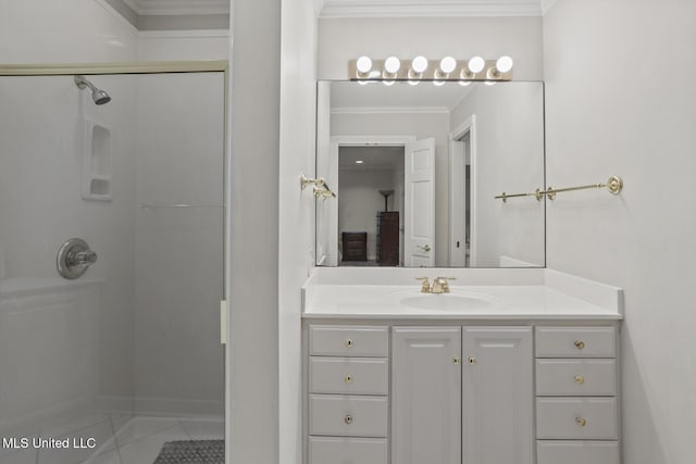 435 Glenway Dr, Jackson, MS 39216 - bathroom featuring crown molding, walk in shower, tile patterned flooring, and vanity