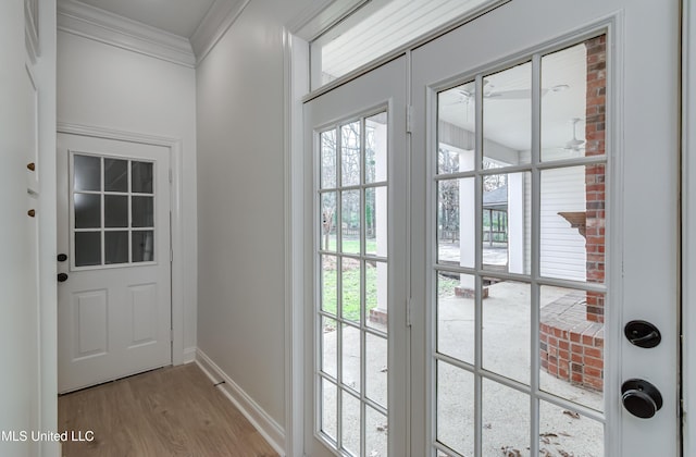 doorway featuring crown molding and light hardwood / wood-style flooring