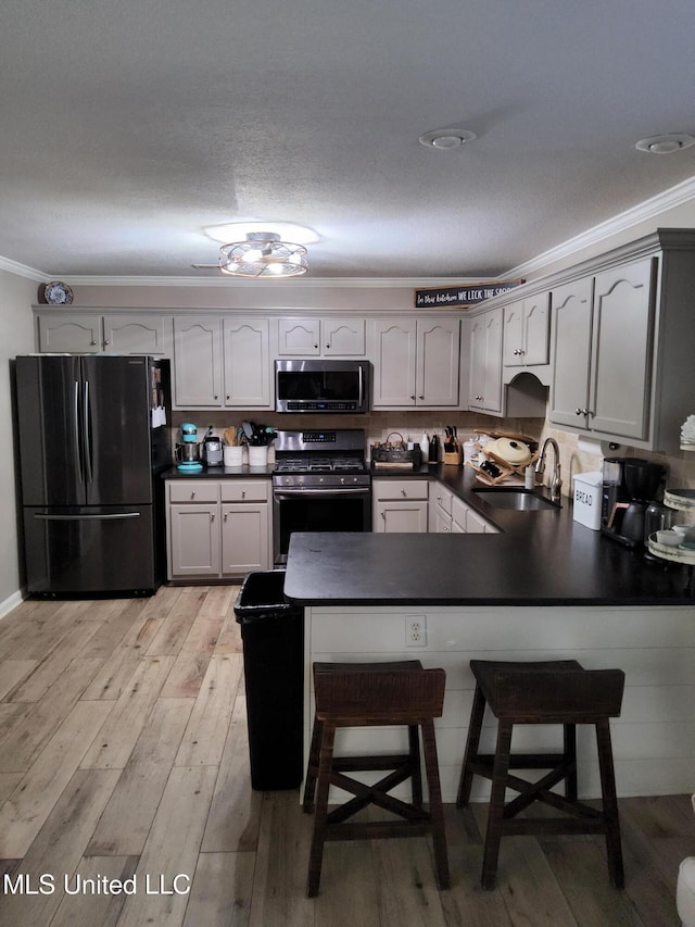 kitchen featuring a sink, dark countertops, appliances with stainless steel finishes, and ornamental molding