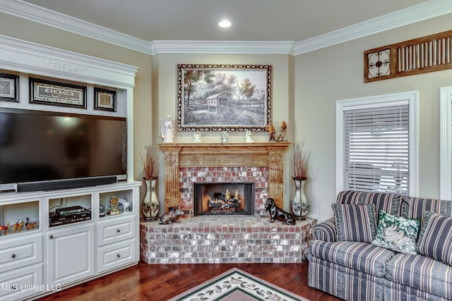 living room featuring crown molding, dark hardwood / wood-style flooring, and a brick fireplace