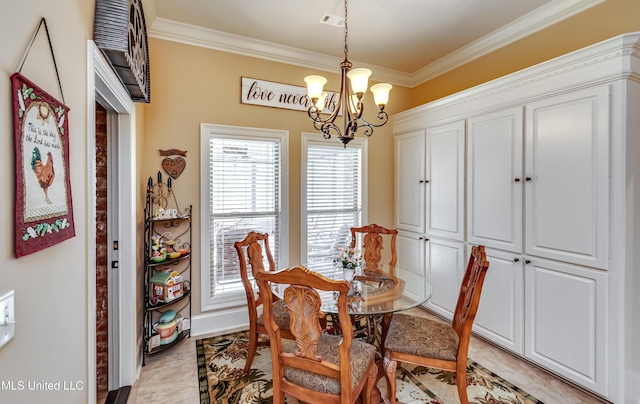 tiled dining room with crown molding and an inviting chandelier