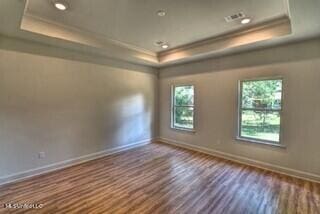 spare room with ornamental molding, dark hardwood / wood-style floors, and a raised ceiling