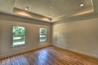 empty room featuring a wealth of natural light, a tray ceiling, and hardwood / wood-style flooring