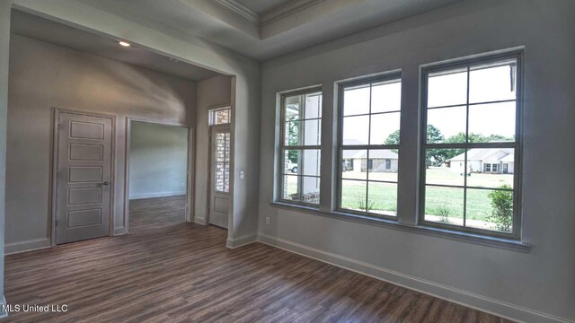 empty room featuring ornamental molding and dark wood-type flooring